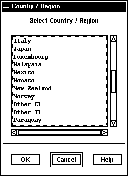 The country or region selection window.