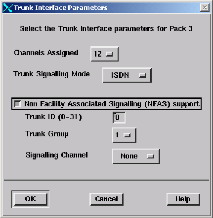 The Trunk Interface Parameters window with ISDN selected and the NFAS parameters displayed.