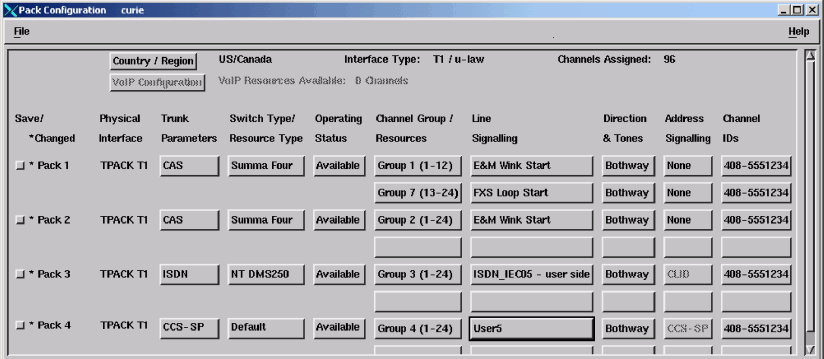 The Pack Configuration window with five packs configured for a T1 mixed CAS and CCS system.