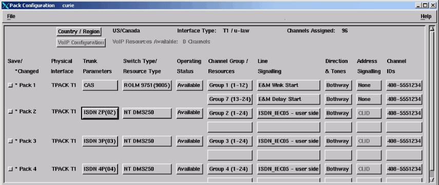 The Pack Configuration window with five packs configured for a T1 ISDN non-facility associated signaling system.