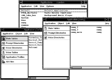 A screen capture of three applications windows for two applications, one of which contains commonly-used objects.