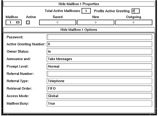 A screen capture of the Mailbox 1 Options listing available fields.