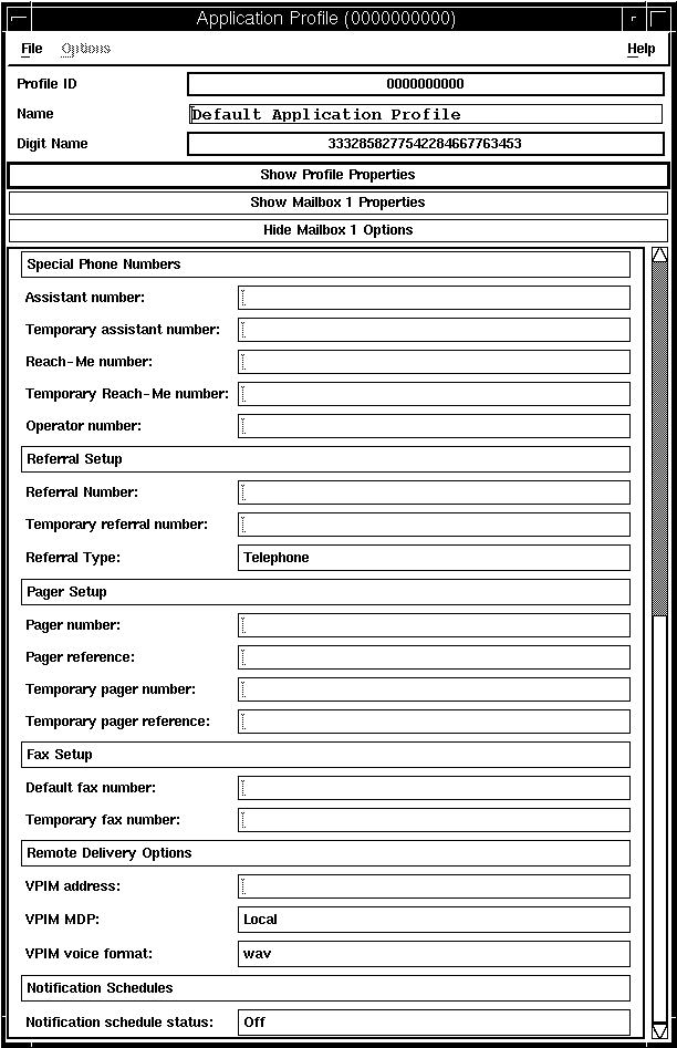 A screen capture of the Mailbox 1 Options listing the rest of the available fields, using the scroll bar.