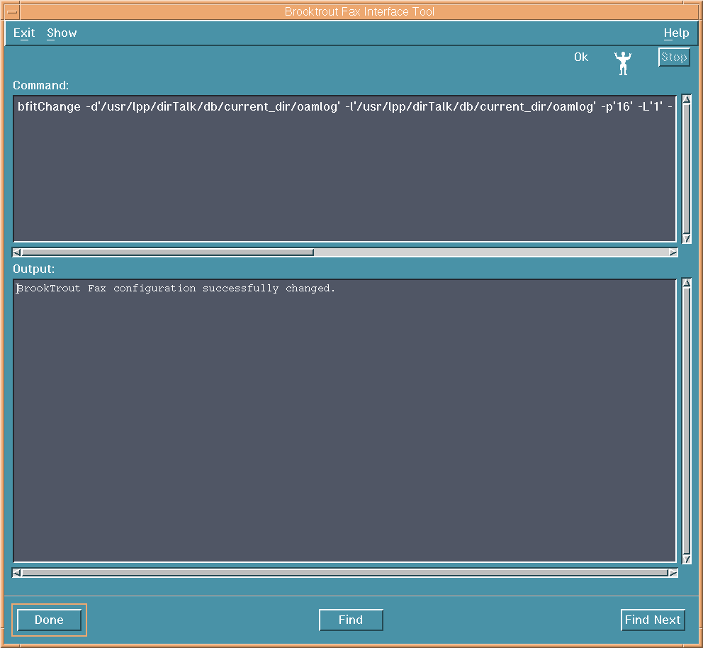 The progress window shows a successful change to the Brooktrout Fax configuration.