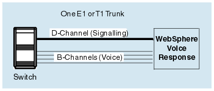 A switch connected to by a single trunk, showing the separate D-channel for signalling and B-channels for voice.