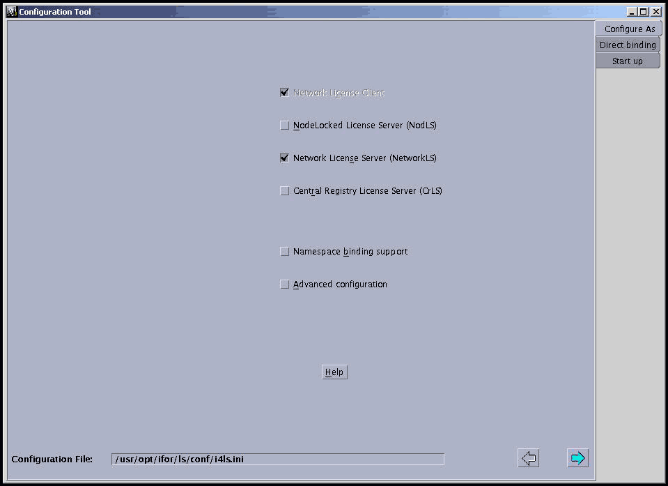 The configuration tool window with the configure as tab selected. The Network License Client, Network License Server and Central Registry License Server options are selected.