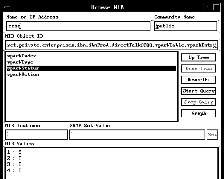 Screen capture of the Browse MIB window, showing the results of the query to be four VPACKs with a vpackStatus value of 5..