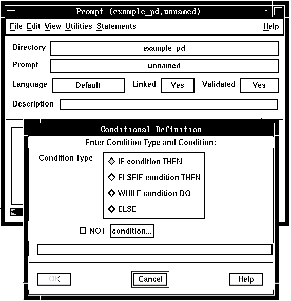A screen capture of the Conditional Definition window, with the Prompt window open in the background.