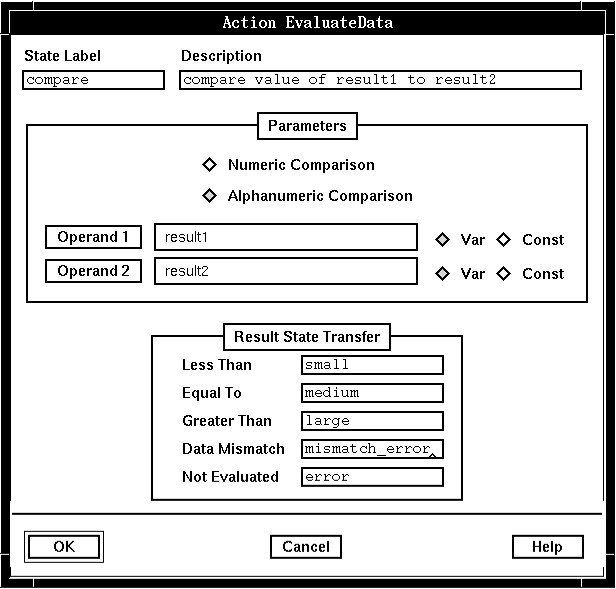 A screen capture of the Action EvaluateData window