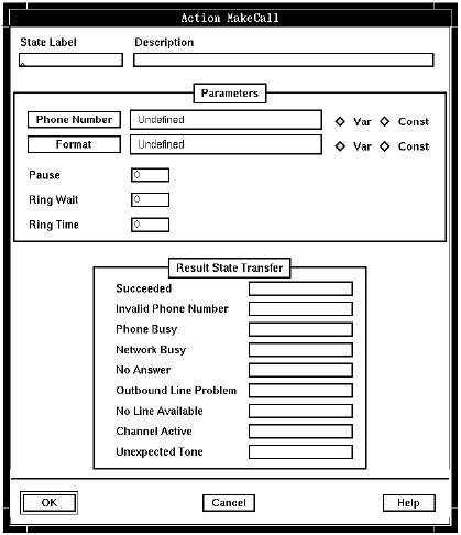 A screen capture of the Action MakeCall window