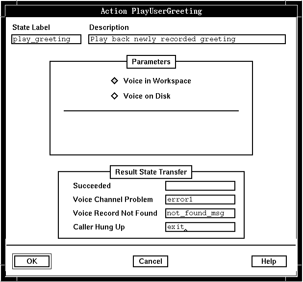 A screen capture of the Action PlayUserGreeting window