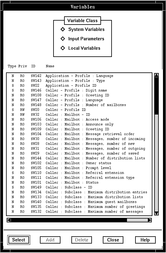 An example of a Variables screen