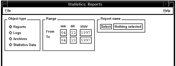 Screen capture of the Statistics:Reports window. The text that follows describes how to use the fields displayed.