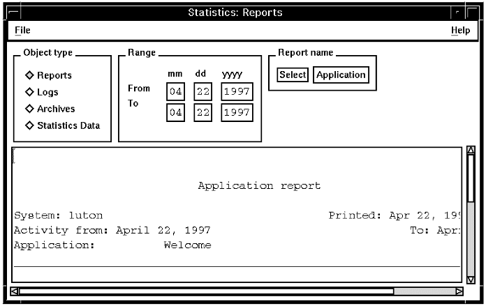 A screen capture of the Statistics:Reports window, showing an application report for a period of one day.